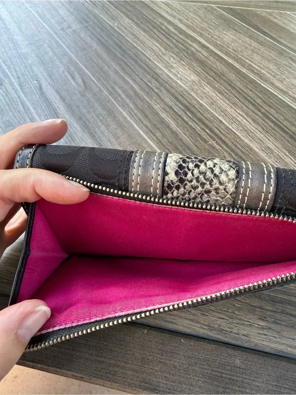Coach Logo Black Tri-Fold Wallet with Snake-Print Center Stripe